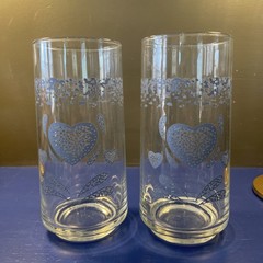 VTG Corelle Corning Sponge Blue Hearts 2 Drinking Tumbler Glasses Cottage Granny
