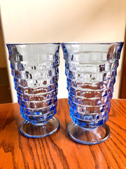 Set Of 2 Vintage INDIANA GLASS Whitehall Colony Footed Blue Tea Glasses Tumblers