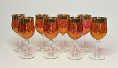 Red Venetian Art Glass Wine Goblet 24k Gold Rim Leaf Design Murano Italy Set – 8