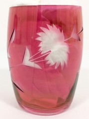 Vtg Cranberry Flash Cut to Clear Etched Sunflower Leaves Tumbler 7oz 3 1/4″ RARE