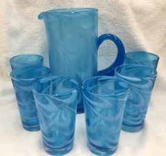 Handblown Blue Swirl Glass Pitcher and Six Glasses Fenton Like No Markings