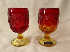 Pair Vtg LE Smith Moon & Star Amberina Water Wine Goblets Glasses CADMIUM GLOW