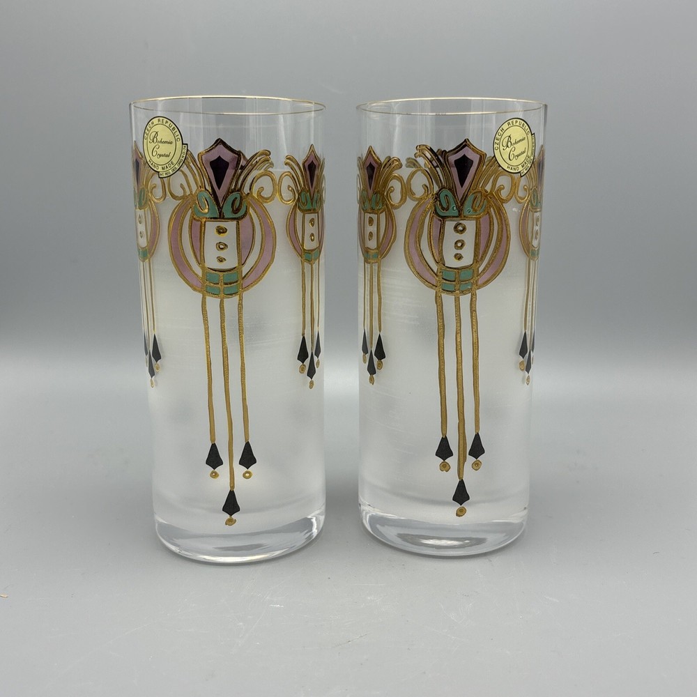 Bohemia Glass Czech Republic High Ball Hand Painted Frosted Glass Art Deco 5.75”