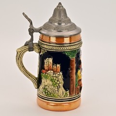 Original Vintage Signed German Ceramic Hand Painted Glazed Pewter Lid Beer Stein