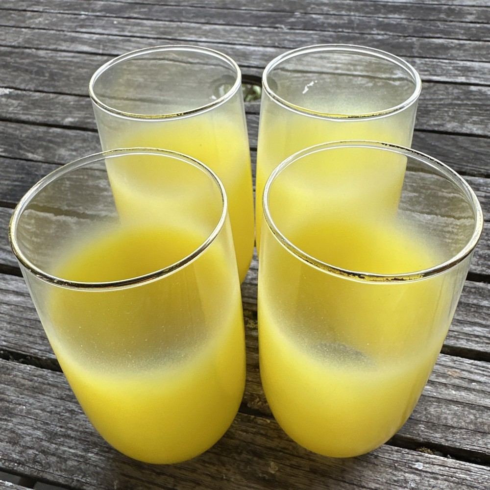 3 Blendo Yellow Frosted Tumblers 5″ West Virginia Glass W/ Gold Rim