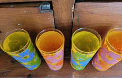 Vintage Mid Century Flower Power Glass Tumblers Set Of 4 Tiki 6 1/2 «