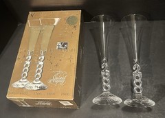 Cristal D’Arques France Crystal Millenium Champagne Flutes Year 2000 w/2 Napkins