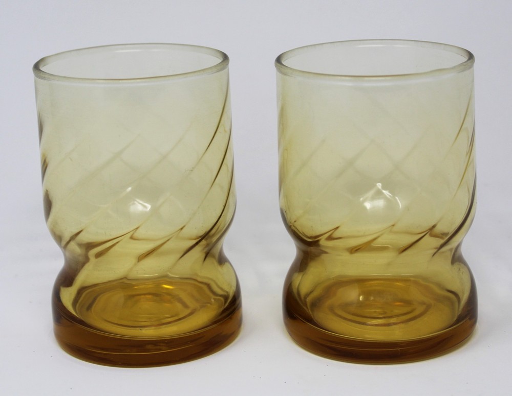 Set of 2 MCM Harvest Gold Optic Swirl Tumbler Drinking Glasses 3.75″ Footed 8oz