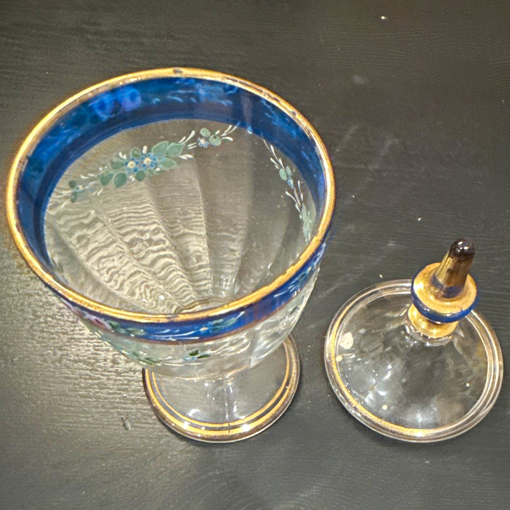 Vintage Apothecary Candy Jar, Blue Band & Gold Trim, Floral Flower Decor