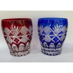 Pair of Edo Kiriko Glass Whiskey Tumbler Cut to Clear in Ruby and Cobalt / Japan