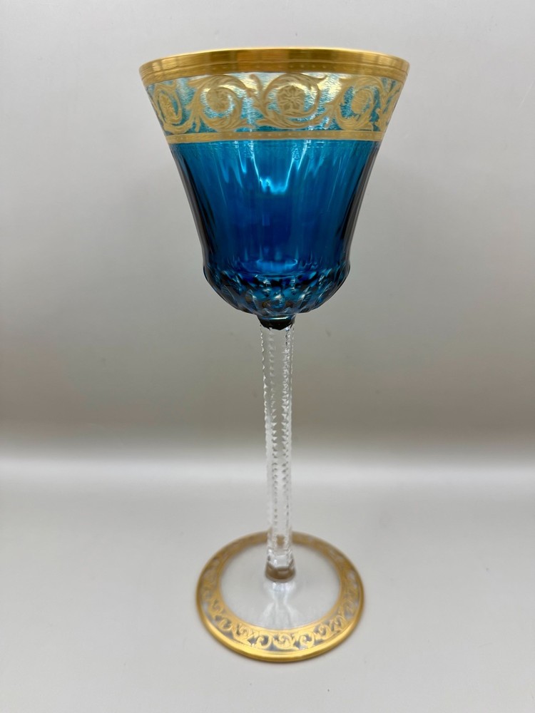Saint Louis Thistle Blue Crystal Wine Glass 24K Gold France 8.25″ Goblet
