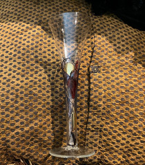 Targu Jiu Romanian Mosaic Stained Glass Champagne Flute Hand Blown Red Blue Gold