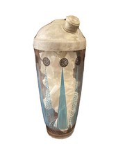 VTG COCKTAIL MIXER/SHAKER GLASS TURQUOISE STRIPES/CIRCLES MOTIF MCM BARWARE 10”H
