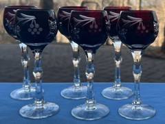 Set of 6 Ruby Red Cut to Clear Crystal Grape Vine & Leaf Cordial Goblets Mint