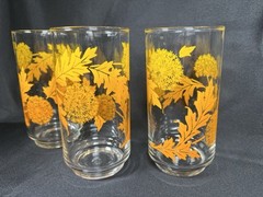 Vintage Set 3 Libbey Glass Tumbler Yellow/Orange Dandelion Design 5.5″x2.75