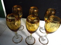 E8425 – vtg amber venetian 24k gold trim set of 6 glasses