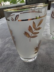 Set of 4 Libbey «Golden Foliage» Frosted Glass Tumblers 5-1/4″ Tall MCM USA