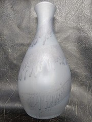 Vintage Hebron Israel Art Glass Drip Glaze Wine Decanter & 6 Glasses Grey & Blue