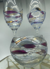 Stain Glass Tall Wine Glasses (2), PartyLite Water Calypso design + Bowl