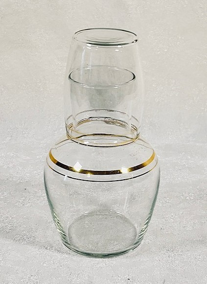 Vintage Bedside Tumble Up Water Carafe & Glass Set – Libbey – Double Gold Rim