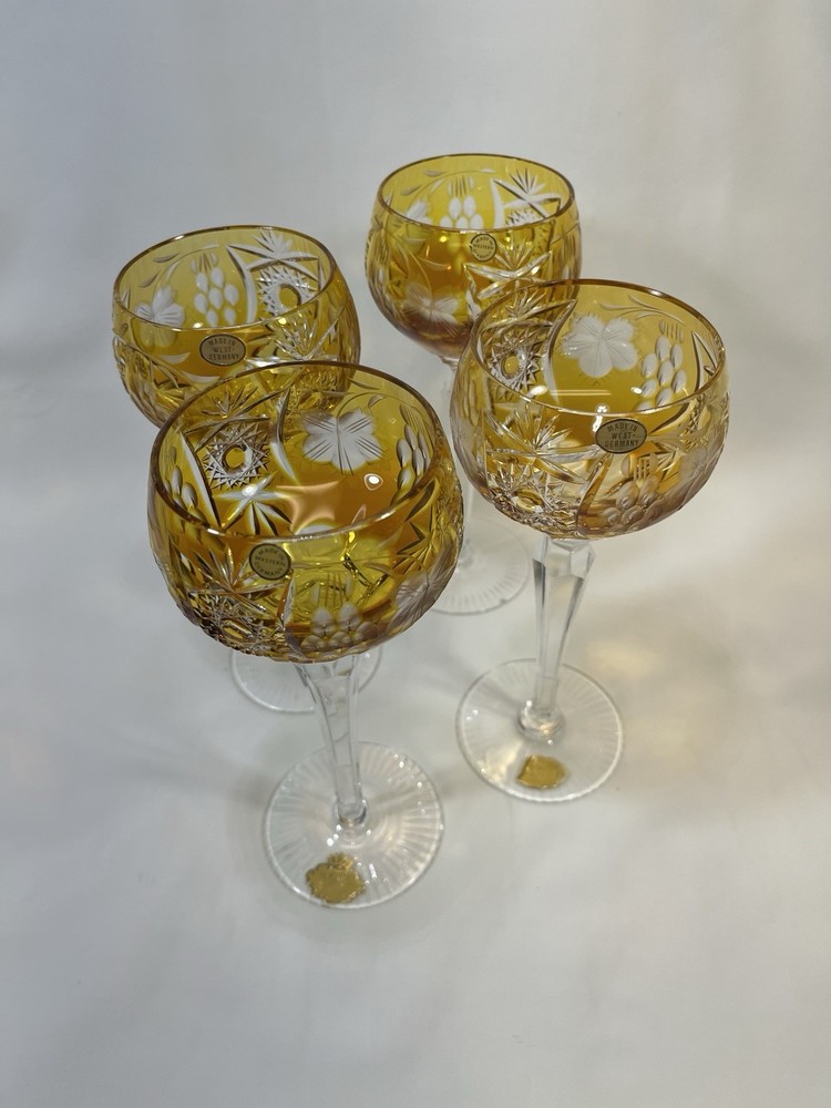 Nachtmann «Traube» Amber/Yellow Cut to Clear Crystal Hock Wine Glasses 4 *READ*