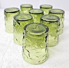 8 Vtg Anchor Hocking Milano Avocado Green Lowball Glasses Crinkle Bark Rock MCM