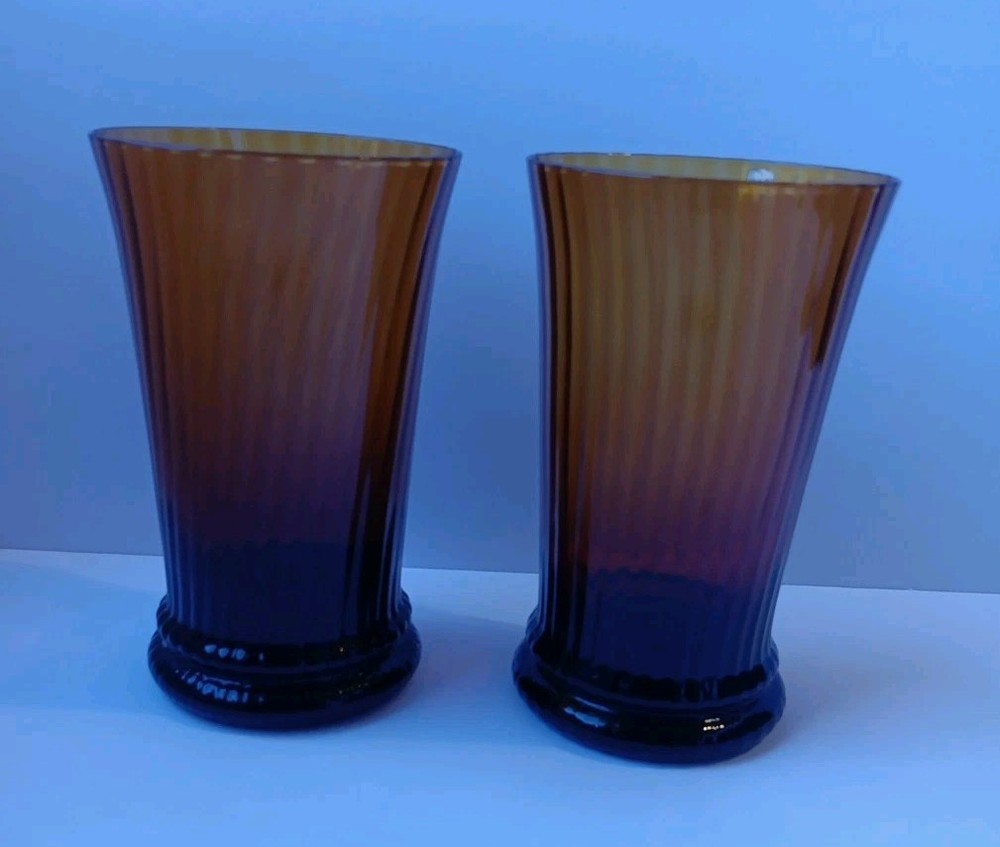 Two Vintage Ribbed Amber Tumblers/Drinking Glasses, Footed, 5.75″, Mid Century