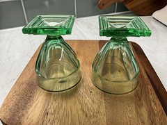 Set of 2 Vintage Green Depression Glass Custard Cups Footed Square