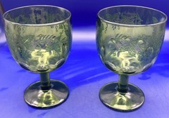 2 Vintage Bartlett Collins Green Thumbprint Golden Grape Goblets