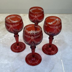 4 Vtg Bohemian Cut to Clear Ruby Red Stemware