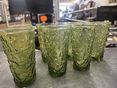 Vtg Anchor Hocking Lido Milano Avocado Olive Green Crinkle Glass Tumbler Set 7
