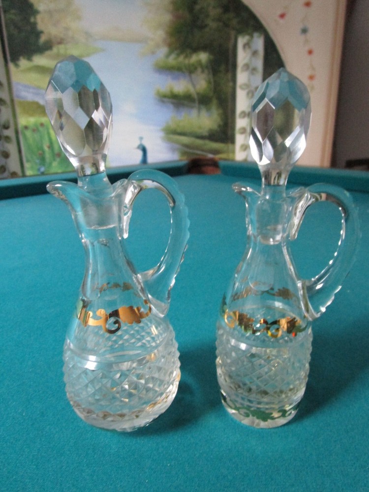 Pair Of Mid Century Cruets Glass And Gold 8″ Tall [*Gl-13]