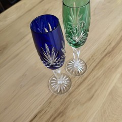 Pair Ajka Cut to Clear Crystal Champagne Flutes Cobalt Blue Emerald Green