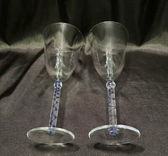 Set Of 2 Clear Glass Wine Goblets With Blue Glass Spiral/Twisted Stem
