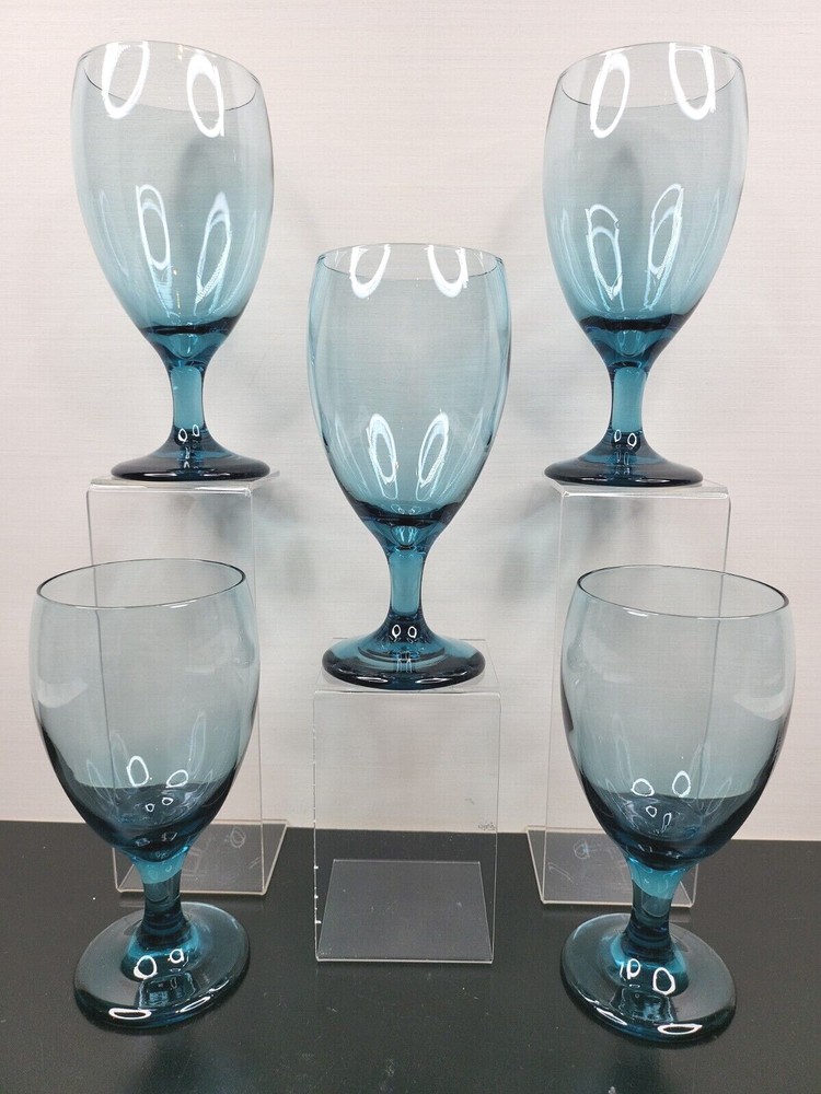 5 Libbey Premiere Medium Blue Iced Tea Goblet Glasses Set 7″ Glass Stemware Lot