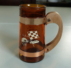 Vintage Siesta Ware Brown Glass Racing Beer Mug Wood Handle Copper Bands Retro