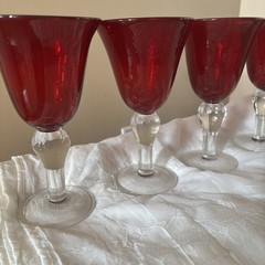 6 Vtg Ruby Red Goblets Home Essentials 14oz Water Wine Glasses 8” Hand Blown