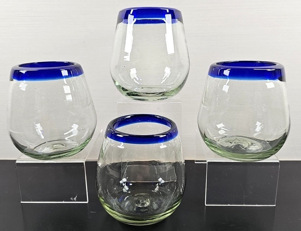(4) Pier 1 Cobalt Rim Stemless Wine Glasses Set Clear Mexican Hand Blown Art Lot