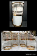 Vintage MCM Barware CULVER 22k Gold Striped 5″ Highball Collins Glass Set 4 EX