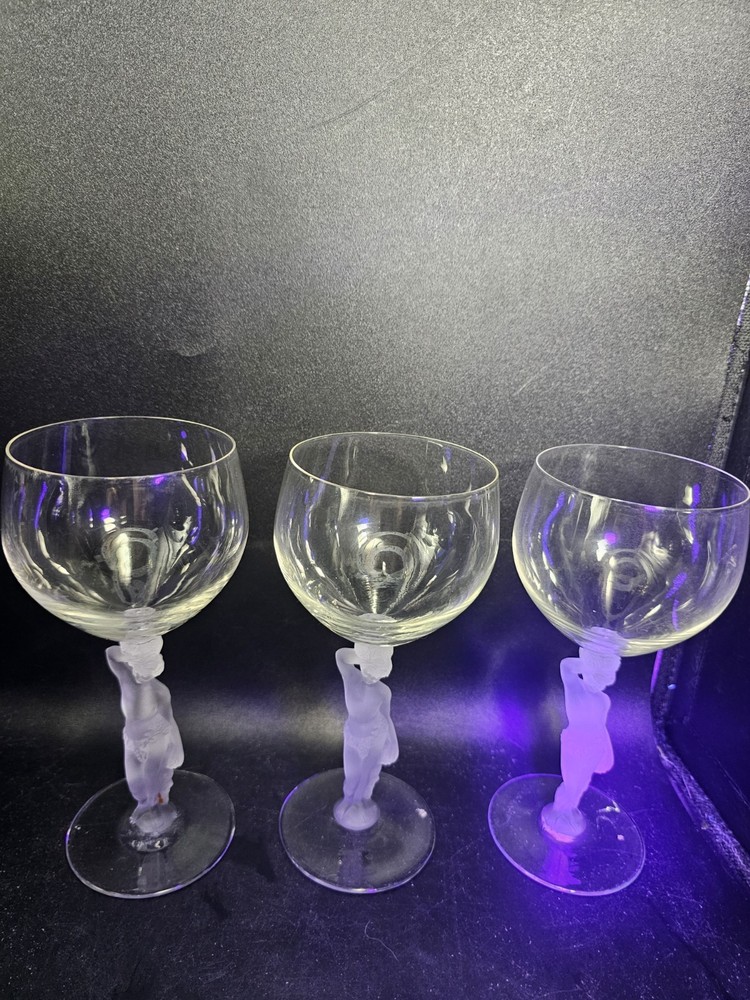 Set of 3 Bayel Crystal Bacchante Wine Glasses 7.25″ Nude Man Woman Frosted