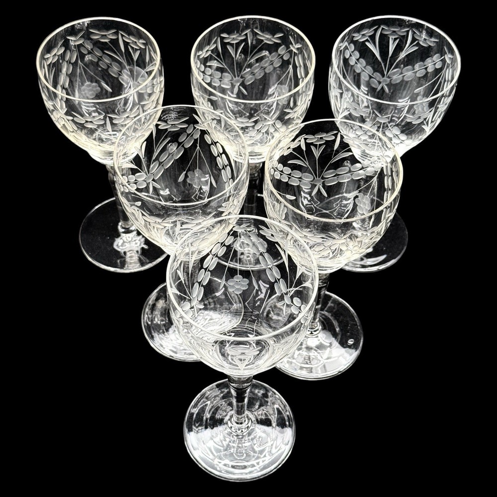 Vintage Etched Floral Crystal Wine Goblets, Set Of 6 Elegant Stemware, 7.75 Inch