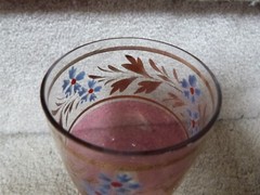 ANTIQUE Victorian Tumbler Water Glass Spooner Pink Flash Gold Enamel Flowers 5″