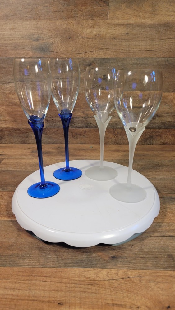 Vintage Set Of 4 Romanian White Cobalt Blue Petal Stem Champagne Flutes 9″-10″