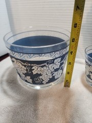 Vtg HAZEL ATLAS 9 Pc BARWARE SET – Blue/White Grapes- 4/8/10oz- And Ice Bucket