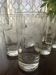 Vintage Floral Etched Cut Hand Blown Glass Set 6 HighBall Glasses Beautiful!!