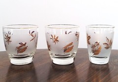 3 Vintage MCM Libbey Frosted Gold Leaf Glasses Drinking 2~8 oz. 1~6 oz.