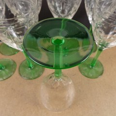 8 Antique Cut & Engraved Floral Glass Water Glasses Goblets Green Stem 7.5″ VGC