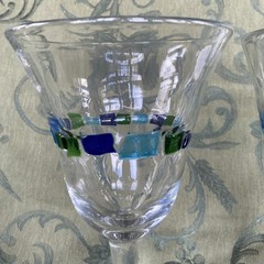 Block Basics Harlequin II Blue Green Squares Water Goblets, New set of 2