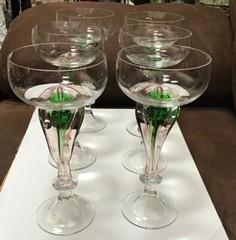 Champagne Cocktails Hand Blown 6 Wine Glasses Bent Green Pink Leave Stem Unique