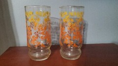 Vtg Flat Tumblers Bright Orange Yellow Ombre Floral Flowers Glasses Retro